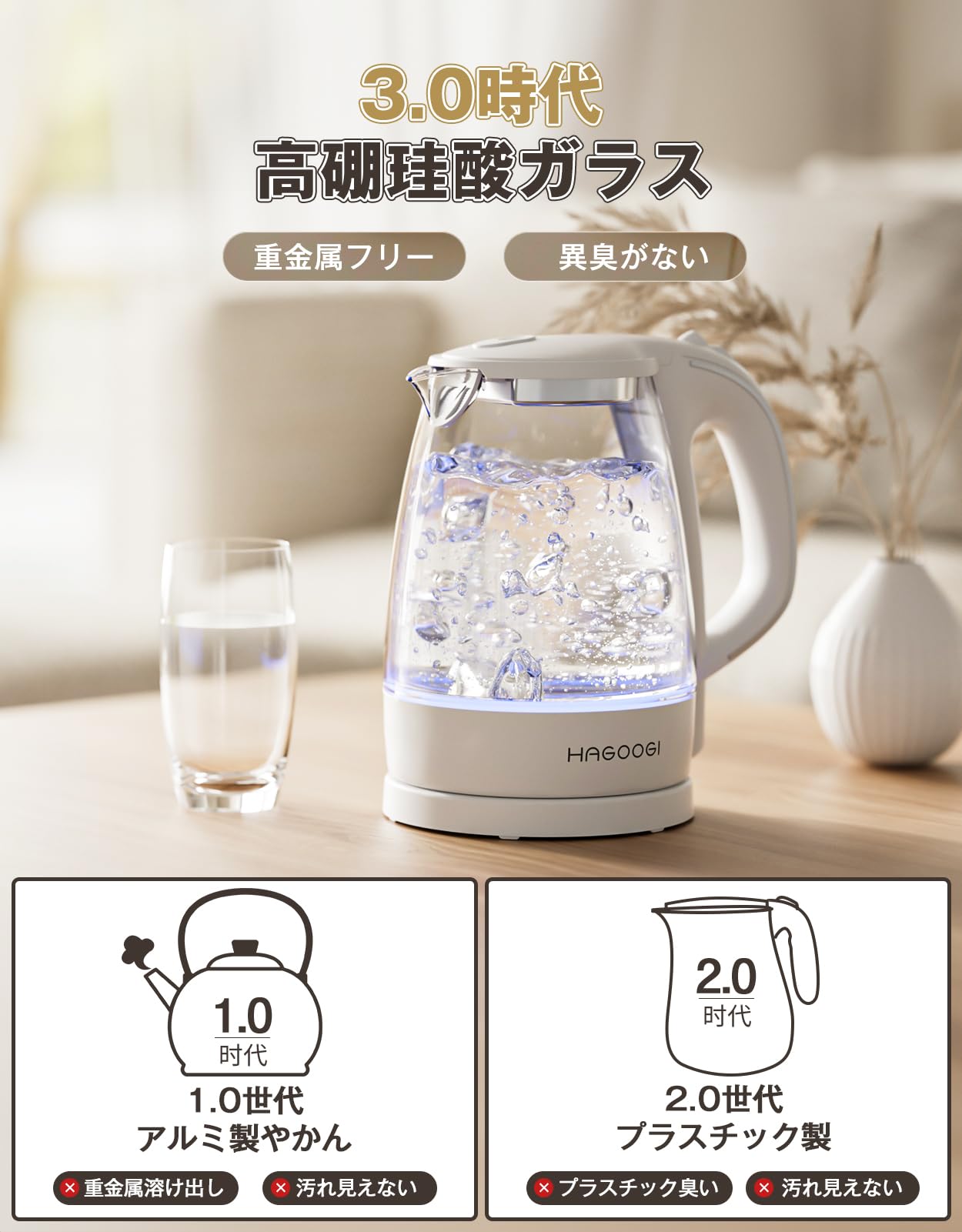 Amazon.co.jp: 【無臭&無害】ハゴオギ 電気ケトル ガラス 1.2L HAGOOGI